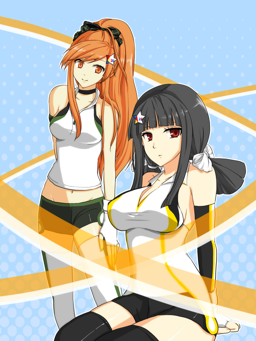 2girls bare_shoulders beatmania beatmania_iidx bike_shorts black_hair highres hinazuki_ririna iroha_(beatmania_iidx) lilith_(beatmania_iidx) multiple_girls orange_hair shirt smile thighhighs umegiri_iroha white_shirt