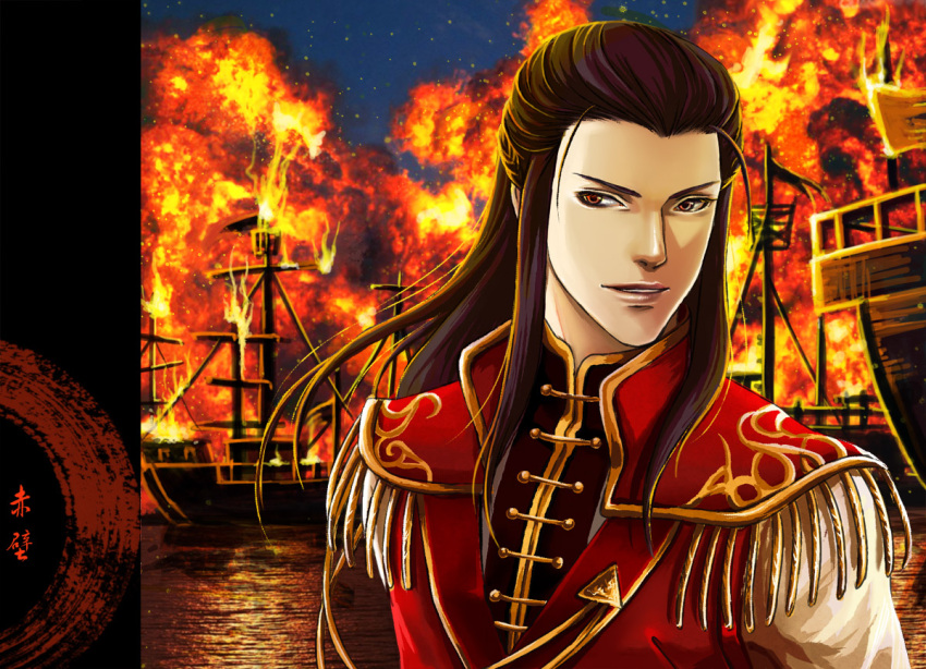 1boy battle black_hair boyou_yuzhi brown_eyes commentary_request fire long_hair looking_back male_focus photoshop_(medium) shin_sangoku_musou ship solo upper_body water watercraft zhou_yu