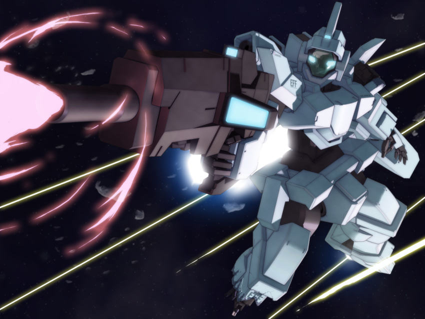 beam beam_rifle commentary_request damaged debris energy_gun exposed_internal_machinery genoace_custom glowing glowing_eyes gun gundam gundam_age mecha nandz no_humans photoshop_(medium) rifle robot space weapon