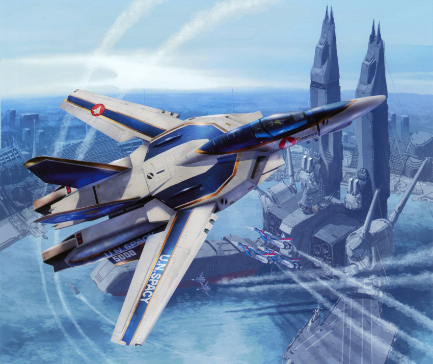 1980s_(style) 1boy absurdres aircraft airplane building carrier choujikuu_yousai_macross city cloud cockpit contrail daedalus day fighter_jet fleet flight_deck flying helmet highres jet lake macross military military_vehicle non-web_source official_art pilot pilot_suit prometheus_(ship) realistic retro_artstyle scan science_fiction sdf-1 spacecraft starfighter storm_attacker tenjin_hidetaka u.n._spacy variable_fighter vehicle_focus vf-1 water