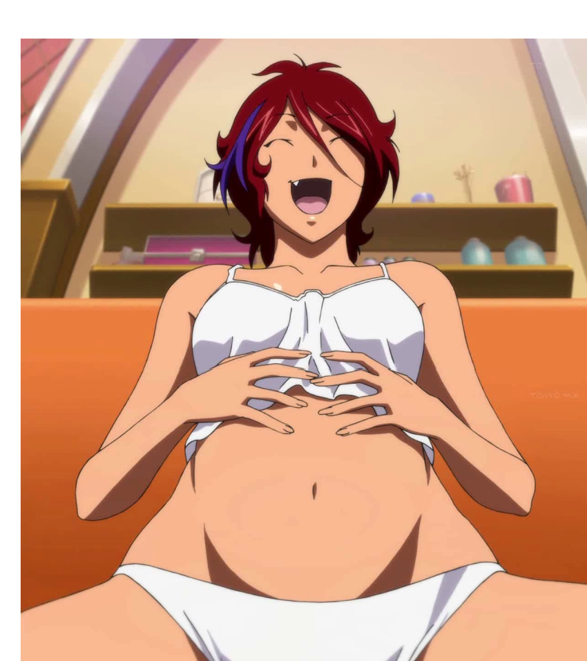 belly closed_eyes crop_top highres kiddy_girl-and kiddy_grade multicolored_hair navel oerba_yun_fang open_mouth panties red_hair rubis short_hair tank_top underwear white_panties