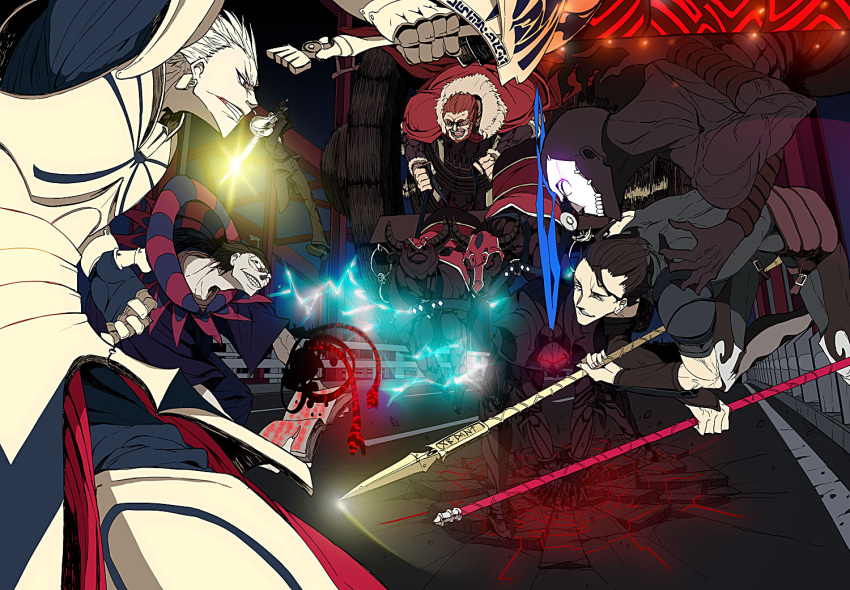 6+boys action armor artoria_pendragon_(fate) assassin_(fate/zero) battle berserker_(fate/zero) book bull chariot commentary_request diarmuid_ua_duibhne_(lancer)_(fate) ea_(fate/stay_night) electricity excalibur_(fate/stay_night) fate/zero fate_(series) female formal gae_buidhe_(fate) gae_dearg_(fate) gilgamesh_(fate) gilles_de_rais_(caster)_(fate) glowing glowing_weapon gordius_wheel_(fate) helmet iskandar_(fate) kenja_tori multiple_boys pant_suit pants polearm ponytail saber_(fate) spear suit sword weapon