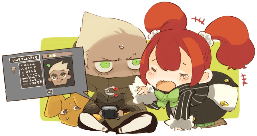 1boy blonde_hair blush chibi classic_dungeon closed_eyes coat creature female green_eyes hair_bobbles hair_ornament handheld_game_console mota open_mouth playing_games playstation_portable playstation_portable_go red_hair sweat tears twintails