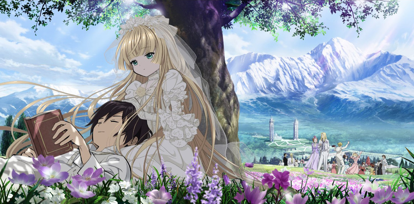 6+boys 6+girls avril_bradley black_hair blonde_hair book cecile_lafitte day dress everyone field floating_hair flower flower_field formal gloves gosick greville_de_blois hair_down hand_on_head jacqueline_de_signore jupiter_roget kawamoto_toshihiro kujou_kazuya kujou_ruri_(gosick) lap_pillow lavender_(flower) light_smile long_hair lying mildred_arbogast mountain multiple_boys multiple_girls nature official_art on_back outdoors photoshop_(medium) scenery sergius shade sitting sky tower tree under_tree veil very_long_hair victorian victorica_de_blois wedding_dress white_dress