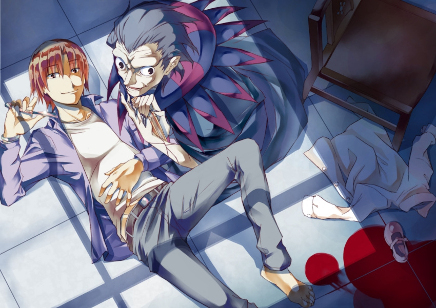 2boys barefoot blood book commentary_request fate/zero fate_(series) from_above gilles_de_rais_(caster)_(fate) inomata_mamoru knife male_focus multiple_boys red_hair shoes uryuu_ryuunosuke