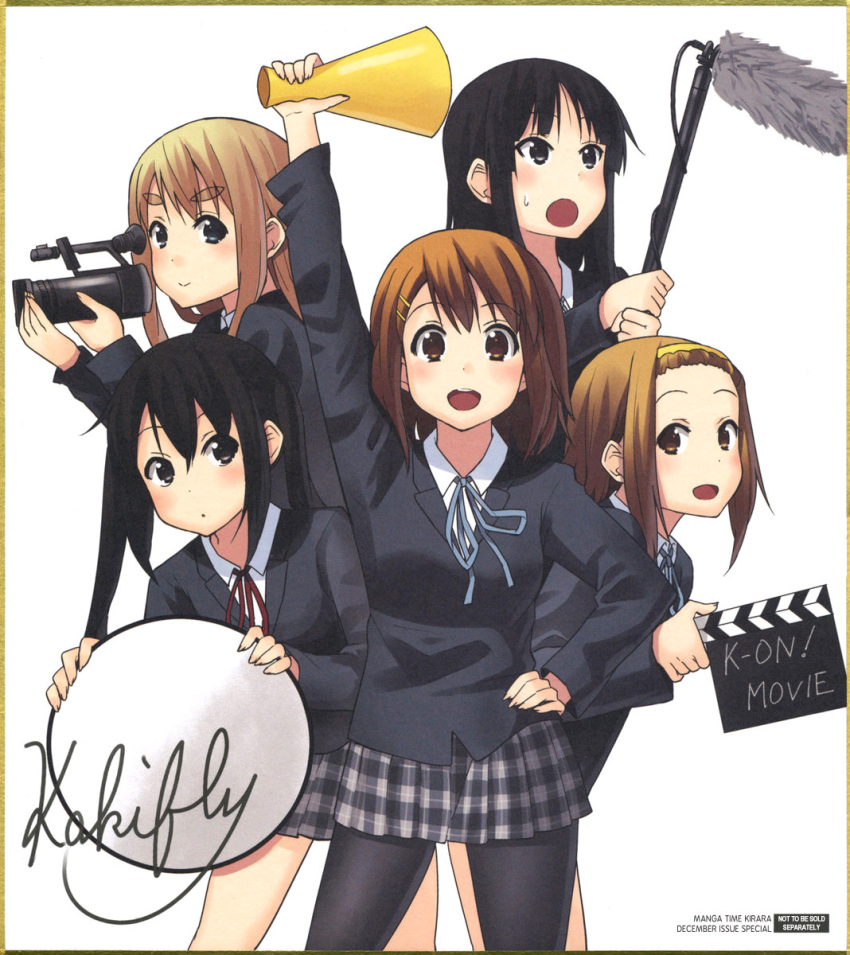 5girls :d :o akiyama_mio black_hair blazer blonde_hair blue_eyes boom_microphone brown_eyes brown_hair camcorder clapperboard hair_ornament hairclip highres hirasawa_yui jacket k-on! k-on!_movie kakifly kotobuki_tsumugi long_hair megaphone multiple_girls nakano_azusa official_art open_mouth pantyhose plaid plaid_skirt reflector_(photography) sakuragaoka_high_school_uniform school_uniform signature skirt smile tainaka_ritsu twintails video_camera