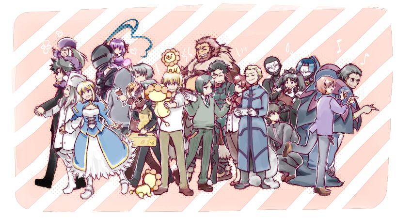 6+boys 6+girls aged_down artoria_pendragon_(fate) assassin_(fate/zero) bad_id bad_pixiv_id beard berserker_(fate/zero) carrying cup dark-skinned_female dark_skin diarmuid_ua_duibhne_(lancer)_(fate) doughnut drinking_glass eating emiya_kiritsugu everyone facial_hair fate/zero fate_(series) father_and_daughter female_assassin_(fate/zero) food gilgamesh_(fate) gilles_de_rais_(caster)_(fate) handheld_game_console heart highres hisau_maiya illyasviel_von_einzbern irisviel_von_einzbern iskandar_(fate) kakesho_(rarara_ra) kayneth_el-melloi_archibald kotomine_kirei lion lolicon matou_kariya matou_sakura mercury_(element) mister_donut mother_and_daughter multiple_boys multiple_girls musical_note official_alternate_costume on_head pantyhose person_on_head playstation_portable pon_de_lion saber_(fate) shoulder_carry sola-ui_nuada-re_sophia-ri thighhighs tohsaka_rin tohsaka_tokiomi uryuu_ryuunosuke volumen_hydragyrum_(fate) waver_velvet wine_glass