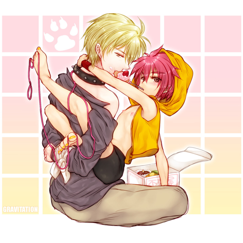 2boys arms_behind_back blonde_hair bondage bondage bound bound_wrists collar commentary_request cupcake eiri_yuki food fork fruit gravitation highres hood hoodie hug leash male_focus multiple_boys nipples niruho paw_print pink_hair shindou_shuuichi shorts sleeveless sleeveless_hoodie spandex straddling strawberry yaoi yellow_eyes