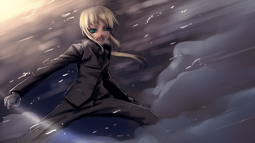 ahoge artoria_pendragon_(fate) bad_id bad_pixiv_id black_gloves blonde_hair fate/zero fate_(series) female formal gloves necktie pant_suit pants ponytail saber_(fate) solo suit sweat uraomote