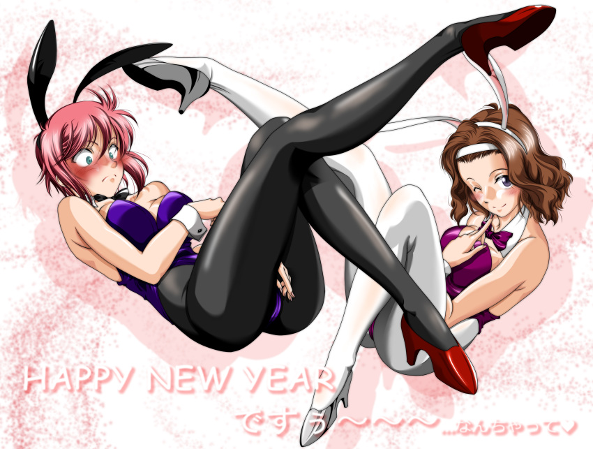 2girls absurdres animal_ears black_legwear blue_eyes brown_hair commentary_request detached_collar feldt_grace green_eyes gundam gundam_00 gundam_00_a_wakening_of_the_trailblazer highres mileina_vashti multiple_girls new_year one_eye_closed pantyhose photoshop_(medium) playboy_bunny rabbit_ears red_hair short_hair white_legwear wrist_cuffs yk_(kakeha)