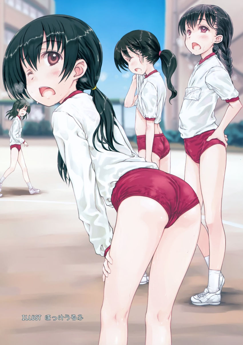 4girls aged_down ass black_hair blush braid brown_eyes buruma closed_eyes comic_rin flat_chest focke_wulf gym_uniform hands_on_own_hips highres kneepits leaning leaning_forward long_hair looking_back multiple_girls one_eye_closed open_mouth original photoshop_(medium) ponytail shoes short_hair sneakers socks sweat twin_braids twintails