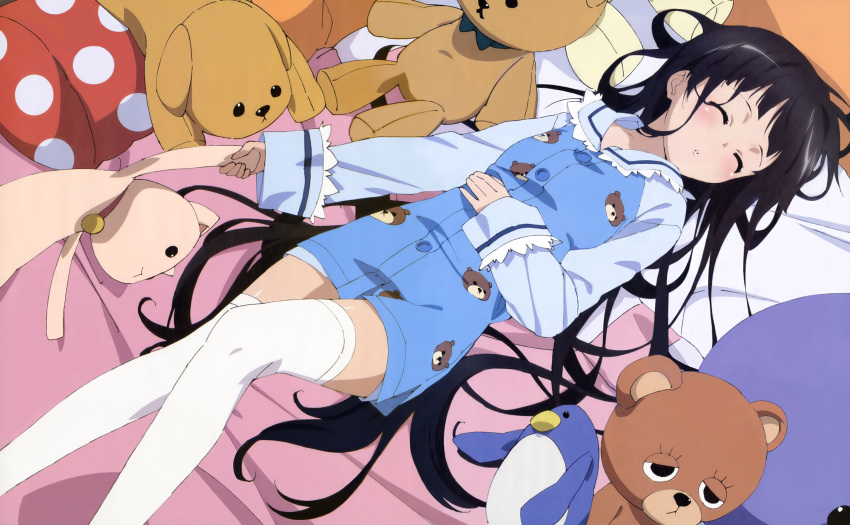 absurdres bird black_hair blush closed_eyes female hair_spread_out highres kami-sama_no_memo-chou long_hair lying md5_mismatch penguin shimazawa_noriko shionji_yuuko sleeping solo stuffed_animal stuffed_cat stuffed_dog stuffed_penguin stuffed_toy teddy_bear thighhighs third-party_edit very_long_hair white_thighhighs