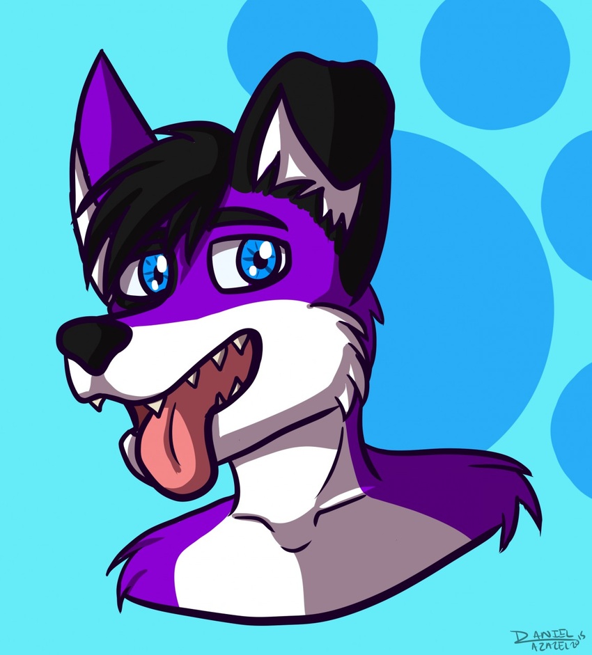 anthro black_hair blue_eyes bust_portrait canid canine canis dannyazazel domestic_dog elkhound floppy_ears footprint fur hair hi_res male mammal open_mouth pawalo pawprint portrait purple_body purple_fur solo spitz tongue tongue_out white_body white_fur