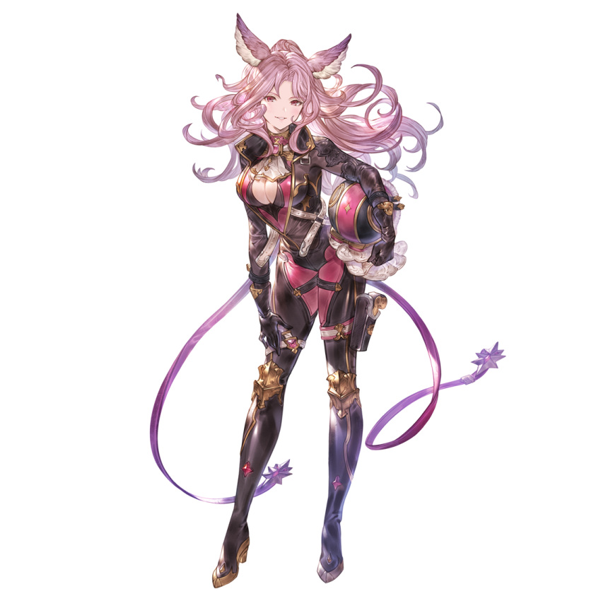 animal_ears bodysuit boots breasts catherine_(granblue_fantasy) cleavage erune female full_body gloves granblue_fantasy helmet high_heels large_breasts long_hair looking_at_viewer minaba_hideo official_art parted_lips pink_eyes pink_hair ponytail smile transparent_background