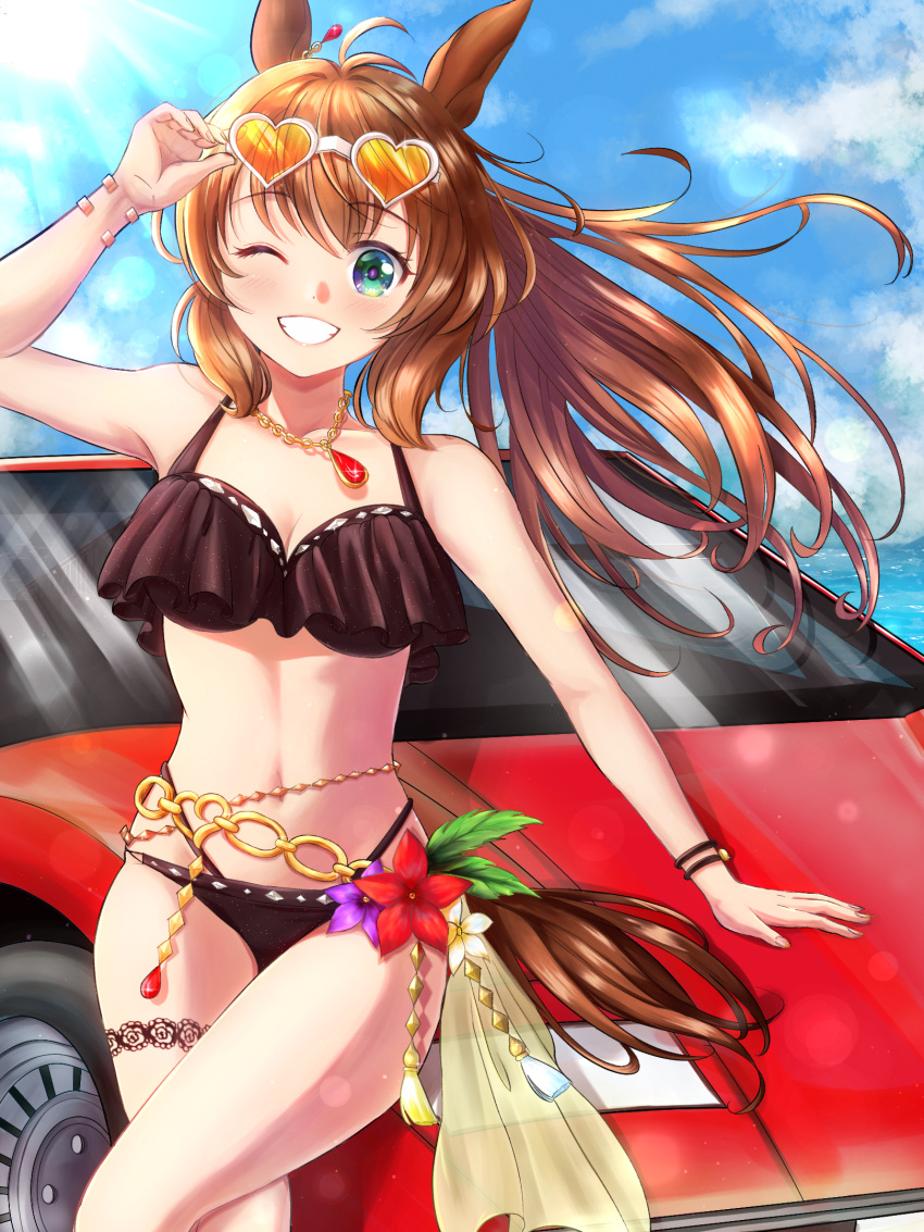 animal_ears bad_id bad_pixiv_id bikini black_bikini blue_eyes blue_sky brown_hair car cloud cowboy_shot day eyewear_on_head female frilled_bikini frills grin heart heart-shaped_eyewear highres horse_ears horse_girl horse_tail long_hair looking_at_viewer maruzensky_(blasting_off_summer_night)_(umamusume) maruzensky_(umamusume) mochitsuki_wataame motor_vehicle official_alternate_costume one_eye_closed outdoors red_car sky smile solo sunglasses swimsuit tail umamusume wavy_hair