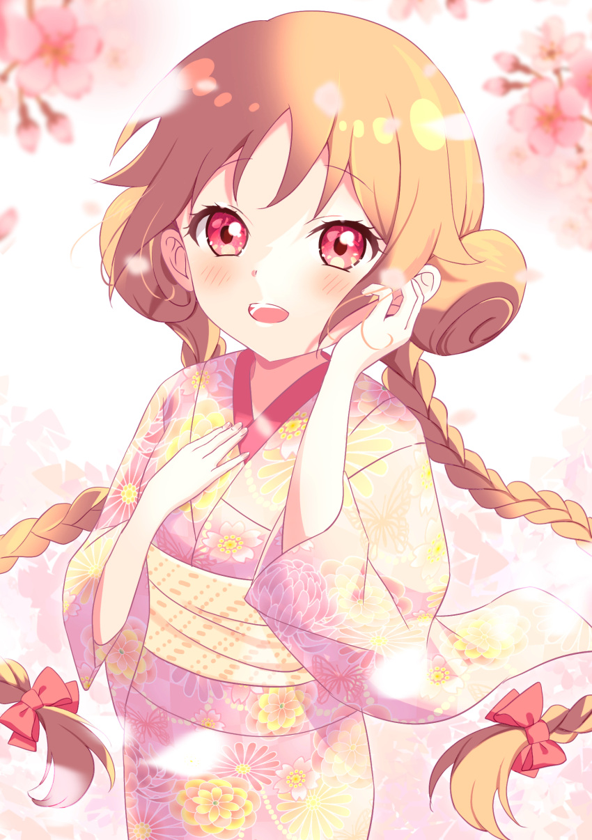 :o blush braid double_bun female floral_print flower hair_bun hand_up highres japanese_clothes kimono komachi_(gao_13) long_hair looking_at_viewer outdoors pale_skin pink_kimono red_eyes solo standing tachibana_yuzuki taishou_otome_otogibanashi twin_braids twintails