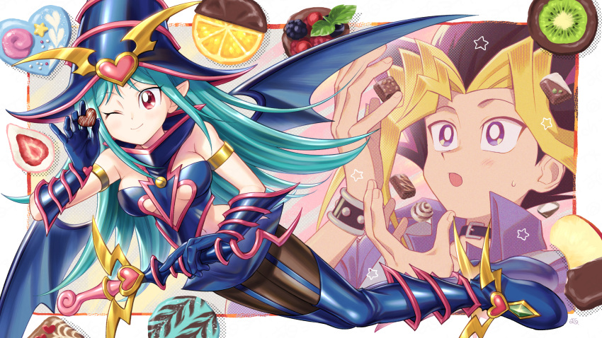 1boy bare_shoulders boots breasts chocolate chocolate_magician_girl closed_mouth clothing_cutout commentary_request duel_monster dyed_bangs eyelashes female food fruit garter_straps gloves green_hair hat heart highres holding holding_wand kiwi_(fruit) kiwi_slice koma_yoichi long_hair muto_yugi navel one_eye_closed pantyhose pointy_ears red_eyes skirt smile star_(symbol) thigh_boots thighhighs wand wings witch_hat yu-gi-oh! yu-gi-oh!_duel_monsters