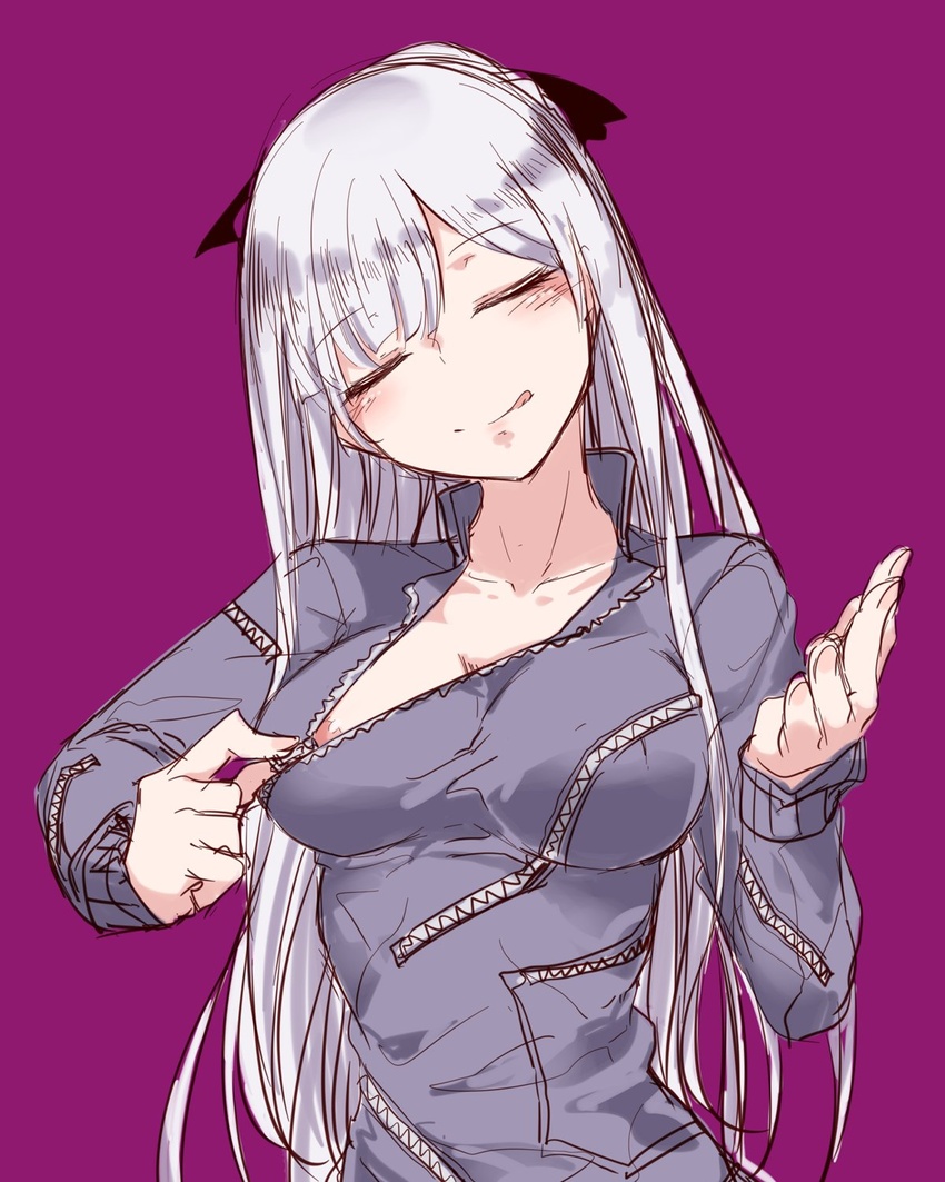 ak-12_(girls'_frontline) alternate_costume areola_slip blush breasts cleavage closed_eyes commentary english_commentary female girls'_frontline grey_hair grey_shirt hair_ribbon hand_up head_tilt highres hourai_kochou large_breasts licking_lips long_hair purple_background ribbon shirt solo tongue tongue_out zipper zipper_pull_tab