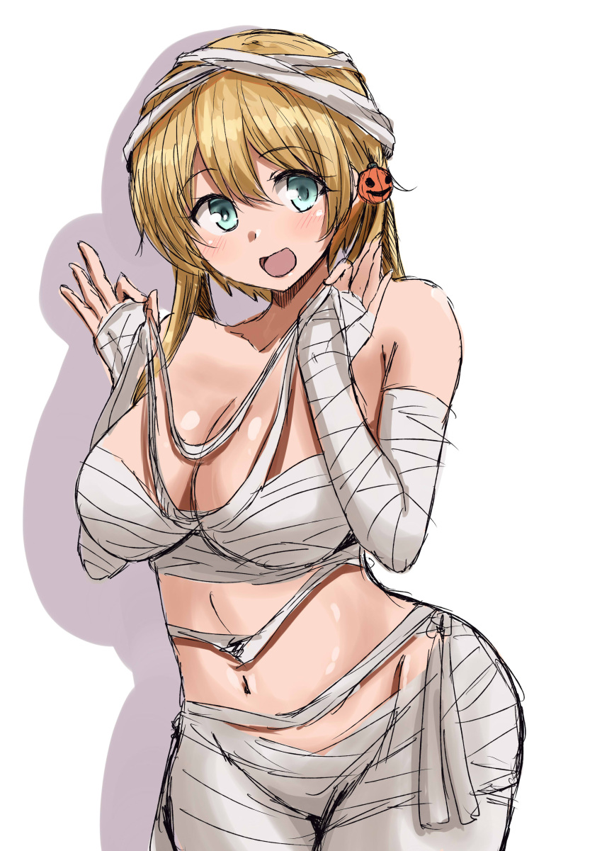 absurdres bandages bare_shoulders blonde_hair blue_eyes blush breasts chan_(akuty_ikkot) cleavage commentary_request female hair_ornament halloween halloween_costume highres jack-o'-lantern jack-o'-lantern_hair_ornament kantai_collection large_breasts long_hair looking_at_viewer navel open_mouth prinz_eugen_(kancolle) twintails white_background