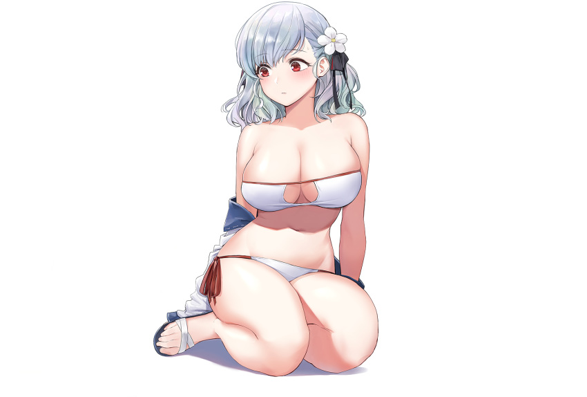 anthro bikini blush breasts cleavage girls_frontline gray_hair hyury red_eyes short_hair spas-12_(girls_frontline) swimsuit third-party_edit white