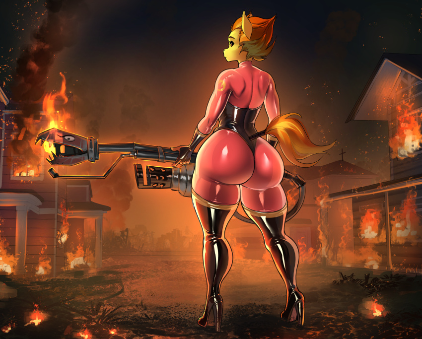 anthro ass big_butt black_boots black_clothing black_footwear black_latex blonde_hair boots clothing equid equine female fire flamethrower footwear friendship_is_magic gloves hair handwear hasbro hi_res high_heeled_boots high_heels latex latex_clothing legwear looking_at_viewer mammal multicolored_hair my_little_pony orange_hair pyro_(team_fortress_2) ranged_weapon red_latex skinsuit skintight_suit spitfire_(mlp) tail tail_wraps team_fortress_2 thick_thighs thigh_boots thigh_highs tight_clothing town transfaled two_tone_hair valve weapon wonderbolts_(mlp) wraps