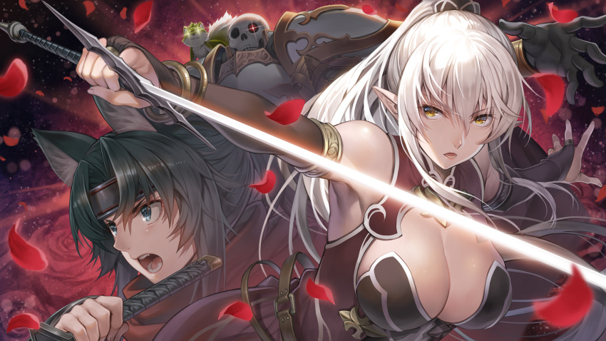 1boy 3girls animal animal_ears animal_on_shoulder arc_lalatoya ariane_glenys_maple armor bare_shoulders belt black_gloves black_hair blue_eyes bracelet breastplate breasts bridal_gauntlets chiyome_(gaikotsu_kishi-sama_tadaima_isekai_e_o_dekake-chuu) cleavage commentary_request elf fingernails flower gaikotsu_kishi-sama_tadaima_isekai_e_o_dekake-chuu gloves glowing glowing_eye glowing_eyes hagure_keg hair_between_eyes headband highres holding holding_sword holding_weapon jewelry light_particles long_hair multiple_girls open_mouth pauldrons petals pointy_ears ponta_(gaikotsu_kishi-sama_tadaima_isekai_e_o_dekake-chuu) ponytail red_eyes red_flower red_scarf reverse_grip rose scarf shoulder_armor skeleton skull sword teeth weapon yellow_eyes