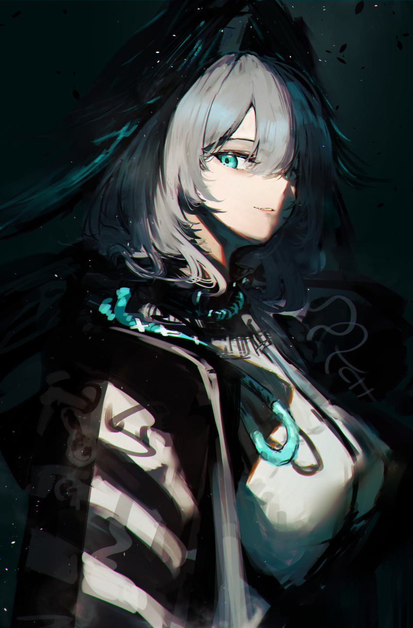 absurdres aqua_eyes aqua_wings arknights breasts coat dark_background dress feathered_wings female from_side grey_hair hair_between_eyes head_wings highres ho'olheyak_(arknights) infection_monitor_(arknights) large_breasts lemtun light_rays light_smile long_sleeves looking_at_viewer open_clothes open_coat parted_lips short_hair sidelocks solo sunbeam sunlight upper_body white_dress wings