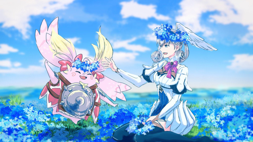 2girls :d braid breasts closed_eyes crown_braid day flower_wreath full_body grey_hair head_wings juliet_sleeves long_sleeves meadow medium_breasts melia_antiqua multiple_girls nene_(xenoblade) nopon o-ring open_mouth outdoors pink_fur puffy_sleeves sitting sky smile thighhighs wings xenoblade_chronicles:_future_connected xenoblade_chronicles_(series) xenoblade_chronicles_1 yokozuwari yumiyoiyoi