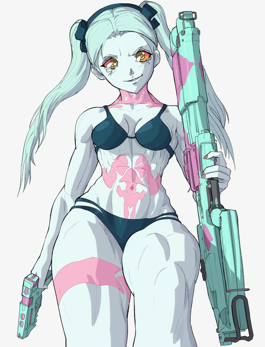 abs bikini blue_hair breasts cyberpunk_(series) cyberpunk_edgerunners dual_wielding english_commentary female gun handgun highres holding holding_gun holding_weapon looking_at_viewer multicolored_eyes muscular muscular_female rebecca_(cyberpunk) shotgun small_breasts solo swimsuit tattoo thick_thighs thighs toned twintails weapon white_background yoracrab