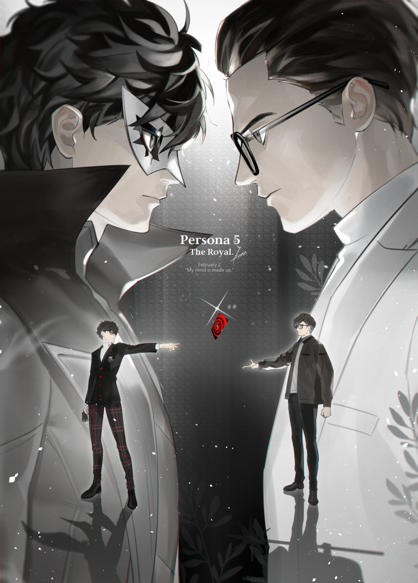 2boys absurdres amamiya_ren bad_id bad_twitter_id black_hair black_jacket black_pants btmr_game calling_card closed_mouth copyright_name glasses hair_between_eyes highres jacket long_sleeves male_focus maruki_takuto mask multiple_boys multiple_views pants persona persona_5 persona_5_the_royal plaid plaid_pants school_uniform shuujin_academy_school_uniform signature spoilers standing white_jacket