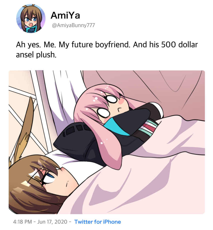 1boy 1other 500_dollar_four_foot_tall_mareep_(meme) :< ambiguous_gender amiya_(arknights) animal_ears ansel_(arknights) arknights bed blank_eyes blanket blue_eyes blush_stickers brown_hair character_doll closed_mouth dated doctor_(arknights) doll english_text fake_screenshot female highres hinghoi holding holding_doll hood hood_down hug jacket looking_at_another lying meme rabbit_boy rabbit_ears twitter