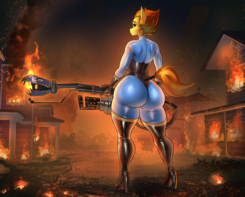 anthro ass big_butt blonde_hair boots clothing equid equine female fire flamethrower footwear friendship_is_magic glistening glistening_clothing gloves hair handwear hasbro hi_res high_heeled_boots high_heels legwear looking_at_viewer mammal multicolored_hair my_little_pony orange_hair pyro_(team_fortress_2) ranged_weapon skinsuit skintight_suit spitfire_(mlp) tail tail_wraps team_fortress_2 thick_thighs thigh_boots thigh_highs tight_clothing town transfaled two_tone_hair valve weapon wonderbolts_(mlp) wraps