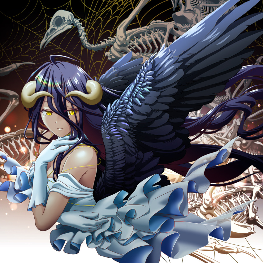 ahoge albedo_(overlord) animal_skull black_background black_hair black_wings commentary_request demon_horns dress feathered_wings female gloves hair_between_eyes highres horns k-ta long_hair looking_at_viewer off-shoulder_dress off_shoulder overlord_(maruyama) silk simple_background skeleton smile solo spider_web very_long_hair white_dress white_gloves wings yellow_eyes