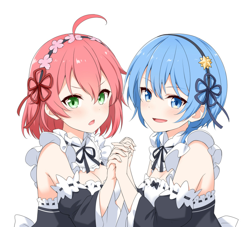 2girls :d absurdres ahoge bare_shoulders black_dress black_ribbon blue_eyes blue_hair breasts cleavage cosplay detached_sleeves dress felutiahime flower_knot from_side green_eyes hair_ornament hair_ribbon hands_up highres holding_hands hololive hoshimachi_suisei juliet_sleeves large_breasts long_sleeves maid maid_headdress medium_hair micomet_(hololive) multiple_girls neck_ribbon open_mouth puffy_sleeves ram_(re:zero) ram_(re:zero)_(cosplay) re:zero_kara_hajimeru_isekai_seikatsu red_ribbon rem_(re:zero) rem_(re:zero)_(cosplay) ribbon ribbon-trimmed_dress ribbon-trimmed_sleeves ribbon_trim roswaal_mansion_maid_uniform sakura_miko short_hair simple_background smile star_(symbol) star_hair_ornament upper_body virtual_youtuber white_background white_dress