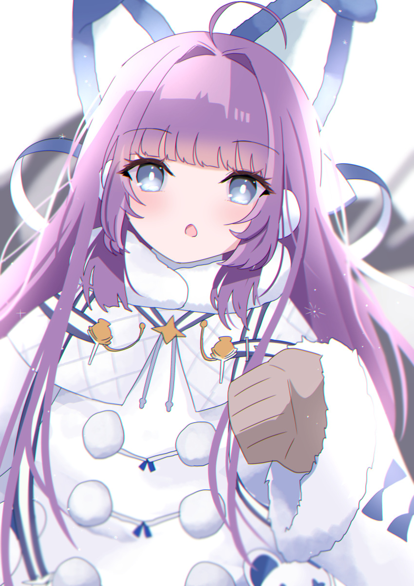 absurdres animal_ears azur_lane blue_eyes coat fake_animal_ears female fur-trimmed_coat fur-trimmed_sleeves fur_trim highres long_hair purple_hair solo tashkent_(azur_lane) very_long_hair very_long_sleeves white_coat winter_clothes yamaha_tsui