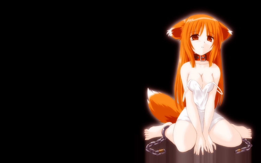 animal_ears barefoot breasts chains collar female fox_ears fox_tail hana_(ukagaka) large_breasts orange_eyes orange_hair photoshop_(medium) sitting solo tail tokino ukagaka wariza