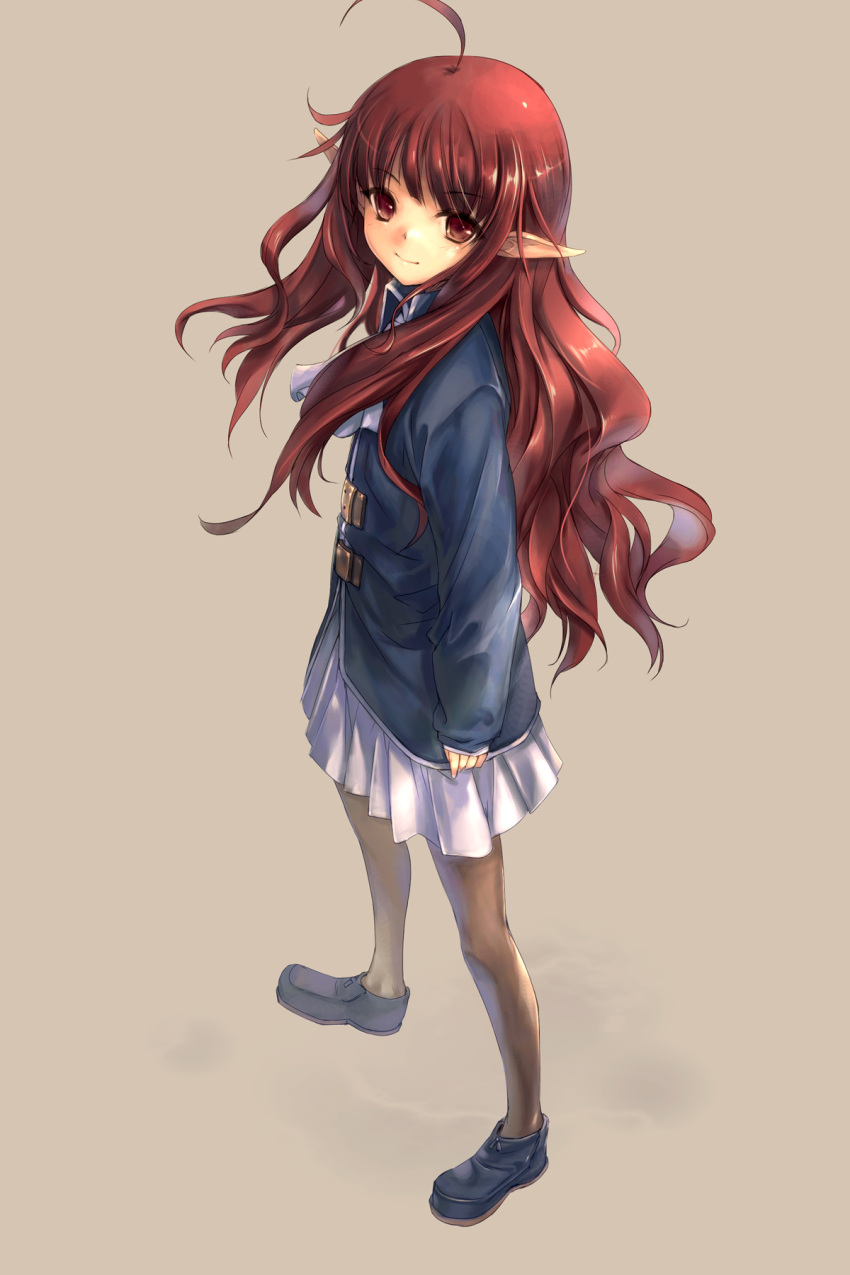 ahoge coat copyright_request elf highres hitomaru jacket long_hair pantyhose pointed_ears pointy_ears red_eyes red_hair skirt smile solo very_long_hair wavy_hair