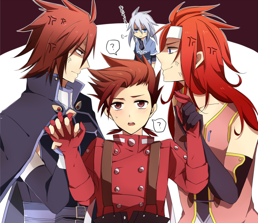 4boys ? age_difference angry blue_eyes blush brown_eyes brown_hair father_and_son fingerless_gloves genis_sage genius_sage glare glaring gloves group_sex hand_holding kratos_aurion lloyd_irving long_hair male male_focus multiple_boys red_eyes red_hair sex short_hair sigh silver_hair suspenders tales_of_(series) tales_of_symphonia threesome vein veins yaoi zelos_wilder