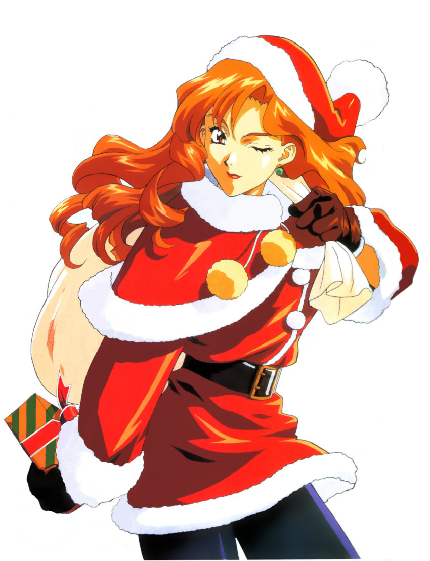 1990s_(style) bag belt black_pantyhose earrings female gift gloves highres itou_saki jewelry katsura_ken'ichirou lipstick long_hair makeup one_eye_closed orange_eyes pantyhose photoshop_(medium) retro_artstyle santa_costume simple_background solo zenkoku_seifuku_bishoujo_grand_prix