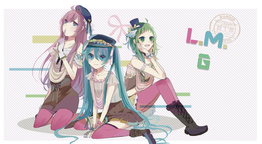 3girls aqua_eyes aqua_hair arm_support bad_id bad_pixiv_id boots gloves green_eyes green_hair gumi hair_ribbon hat hatsune_miku highres jewelry kayabuki kneeling long_hair megurine_luka mini_hat mini_top_hat multiple_girls necklace pantyhose peaked_cap photoshop_(medium) purple_hair ribbon sitting skirt smile thighhighs top_hat twintails very_long_hair vocaloid wariza