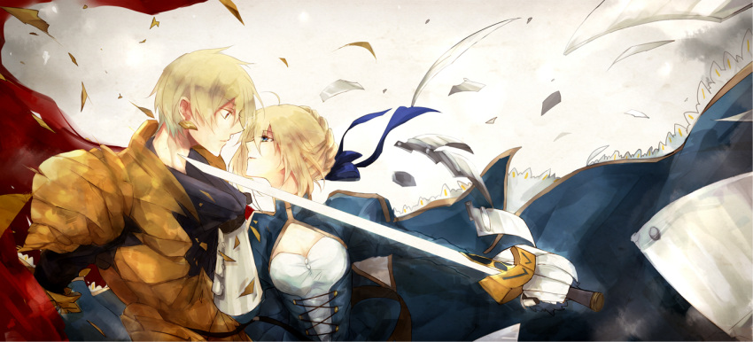 1boy 9tsumura ahoge alternate_hairstyle armor artoria_pendragon_(fate) bad_id bad_pixiv_id blonde_hair blue_dress blue_eyes braid braided_bun broken_armor cape clothes_pull dress earrings excalibur_(fate/stay_night) eye_contact face-to-face fate/stay_night fate/zero fate_(series) faulds female gauntlets gilgamesh_(fate) glowing glowing_weapon hair_bun hair_ribbon jewelry juliet_sleeves long_sleeves looking_at_another open_mouth photoshop_(medium) puffy_sleeves ribbon saber_(fate) shirt_pull short_hair simple_background single_hair_bun smile sword weapon yellow_eyes