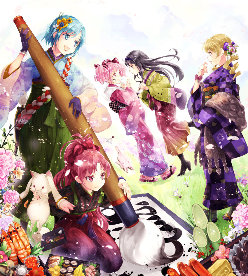 5girls akemi_homura bamboo black_hair blonde_hair blue_eyes blue_hair bow calligraphy_brush commentary_request drawing_on_another's_face drill_hair everyone facepaint flower food furisode genjiguruma gloves grass hagoita hair_flower hair_ornament hair_ribbon hairband hairbow hakama hakama_skirt hanetsuki highres ink japanese_clothes kadomatsu kakizome kaname_madoka kimono kyuubee long_hair mahou_shoujo_madoka_magica mahou_shoujo_madoka_magica_(anime) meiji_schoolgirl_uniform miki_sayaka multiple_girls nemusuke new_year obi obiage obijime oerba_yun_fang osechi paddle paintbrush pink_eyes ponytail purple_eyes red_eyes ribbon sakura_kyoko sandals sash seigaiha short_hair shrimp skirt strangling tomoe_mami twin_drills twintails yagasuri yellow_eyes zouri