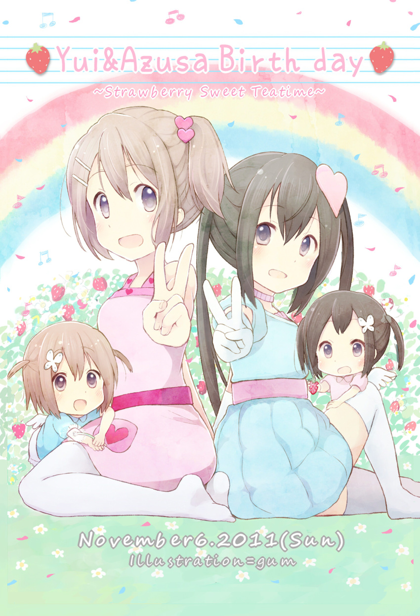 2girls aged_down black_hair brown_hair commentary_request dress dual_persona food fruit fuwafuwa_time gum_(vivid_garden) highres hirasawa_yui k-on! long_hair multiple_girls nakano_azusa purple_eyes short_hair strawberry twintails v