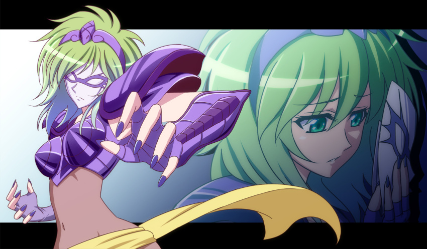 armor commentary_request female green_eyes green_hair h-new letterboxed mask ophiuchus_shaina photoshop_(medium) saint_seiya short_hair solo