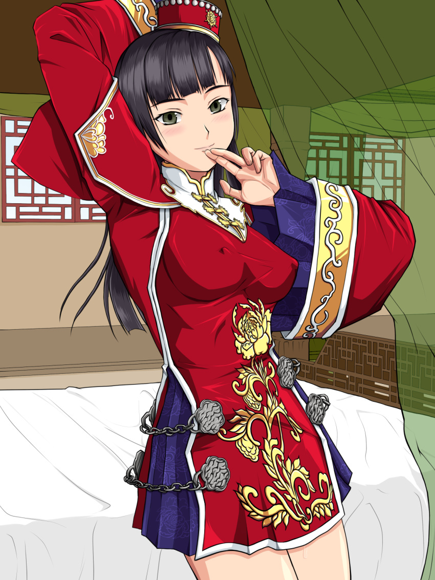 arm_up bare_legs bed black_hair blush breasts da_qiao erect_nipples female finger_to_lips finger_to_mouth green_eyes hat highres knopf_koubou long_hair shin_sangoku_musou solo standing