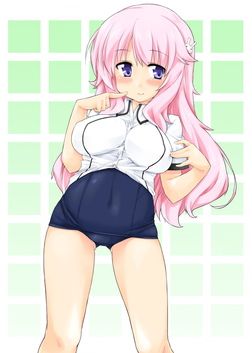 bad_id bad_pixiv_id baka_to_test_to_shoukanjuu blush breasts dress_shirt female gradient_background hair_ornament hairclip hands highres himeji_mizuki impossible_clothes impossible_shirt itou_ayachi large_breasts long_hair navel no_pants one-piece_swimsuit pink_hair purple_eyes school_swimsuit shirt simple_background smile solo swimsuit swimsuit_under_clothes thighs