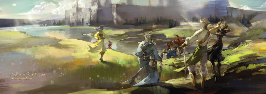 3girls 4boys blonde_hair blue_sky boots canopus_wolph castle catiua_powell cistina_phoraena cloud commentary_request copyright_name day denim_powell facing_away grass highres long_hair mos multiple_boys multiple_girls outdoors partial_commentary photoshop_(medium) planted river scenery sky standing sword tactics_ogre wall warren_moons weapon wings