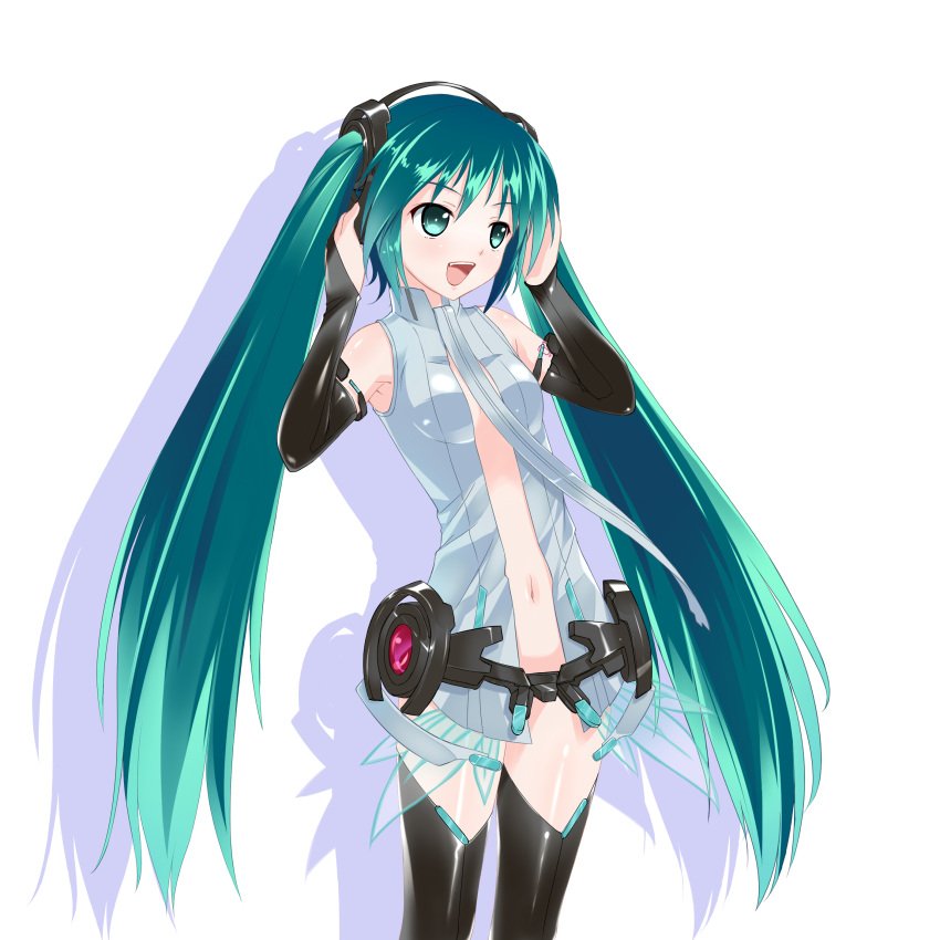 absurdres amino_kohaku arms_up bridal_gauntlets center_opening female green_eyes green_hair hatsune_miku hatsune_miku_(append) headphones highres long_hair navel necktie open_mouth simple_background solo thighhighs twintails very_long_hair vocaloid vocaloid_append white_background