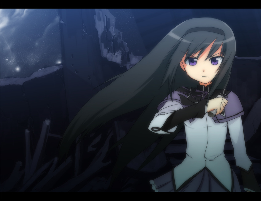 akemi_homura akemi_homura_(magical_girl) black_hair blue_eyes commentary_request explosive female grenade kuroba_(f-15c_eagle) letterboxed long_hair magical_girl mahou_shoujo_madoka_magica mahou_shoujo_madoka_magica_(anime) purple_eyes solo