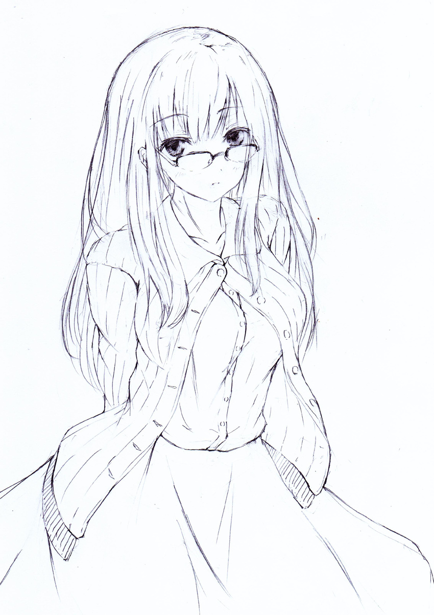 absurdres arms_behind_back bad_id bad_pixiv_id biblia_koshodou_no_jikentechou breasts cardigan collarbone collared_shirt female glasses haguruma_c highres large_breasts long_hair long_skirt looking_at_viewer monochrome raised_eyebrows shinokawa_shioriko shirt shirt_tucked_in simple_background skirt solo white_background